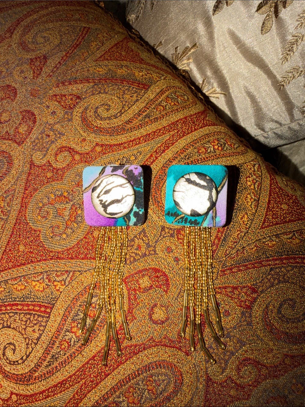 Artist made porcelain hand painted Purple & Teal Fringe Square Drop Earrings